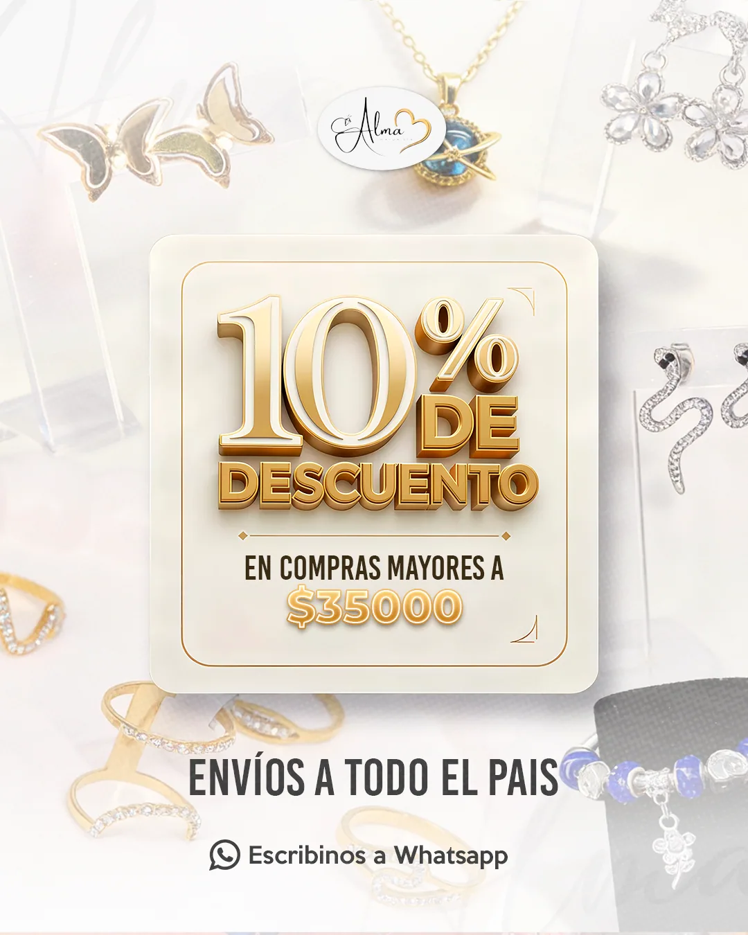 Flyer de 10% de descuento de Alma Mayorista con render dorado.