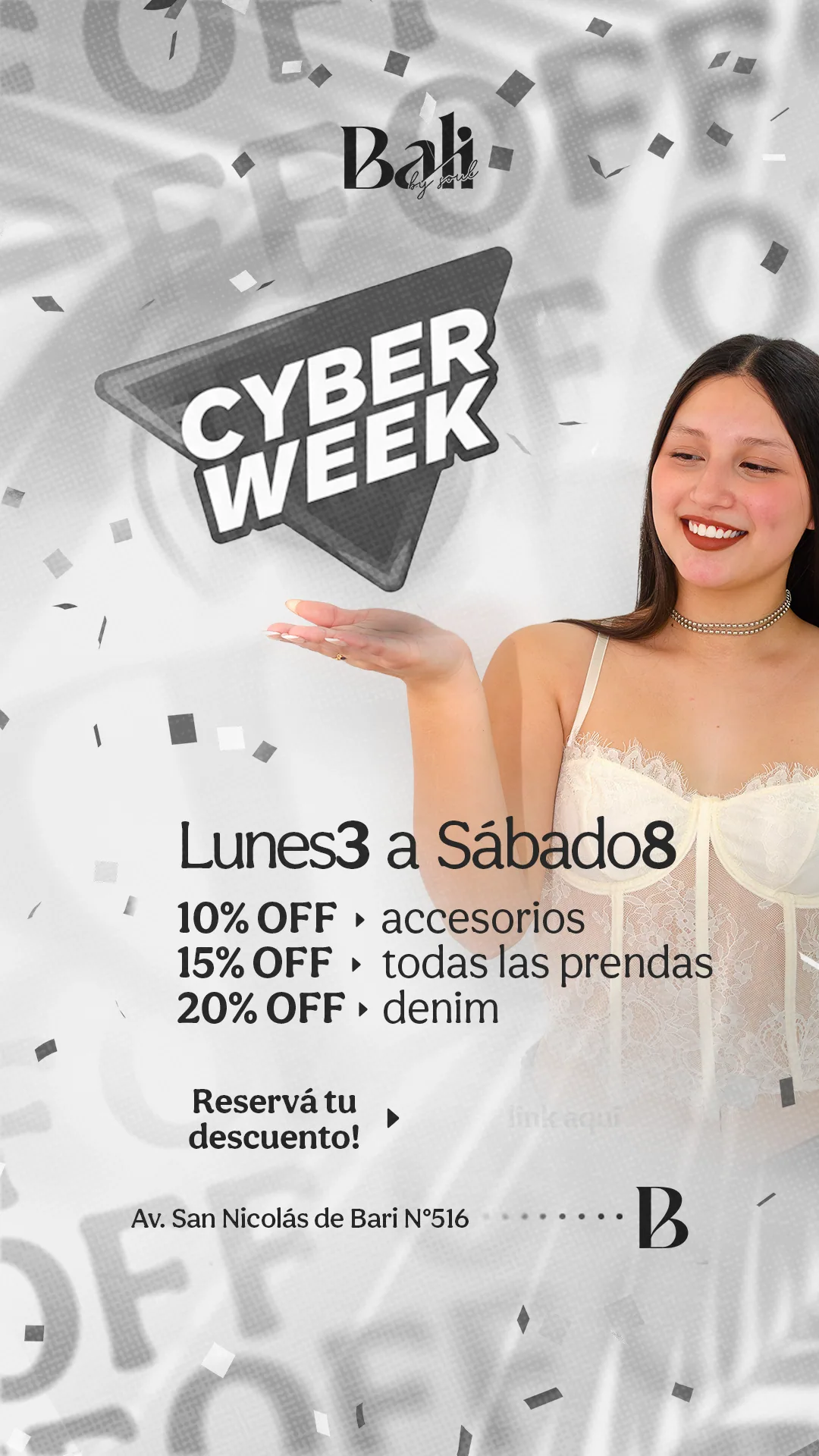 Flyer de Cyber Week de Bali by Soul con fotografía de producto.