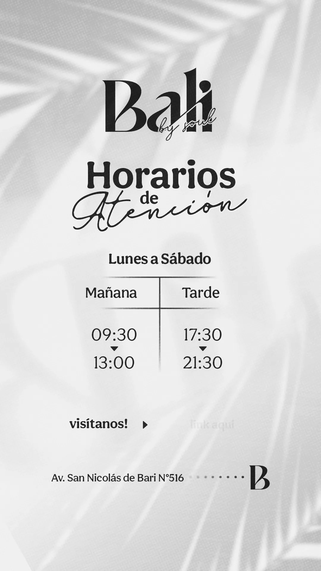 Flyer de horarios de atención de Bali by Soul.