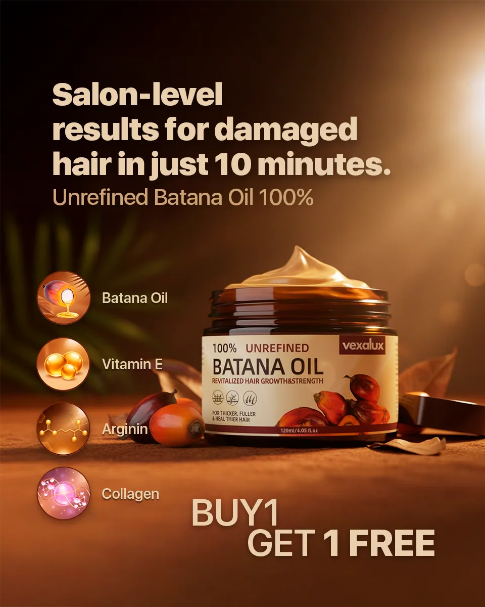 Anuncio de performance de Batana Oil (marca Vexalux, Beauty Diamond): frasco de aceite capilar sobre fondo cálido, titular en inglés 'Salon-level results for damaged hair in just 10 minutes' e íconos de ingredientes.