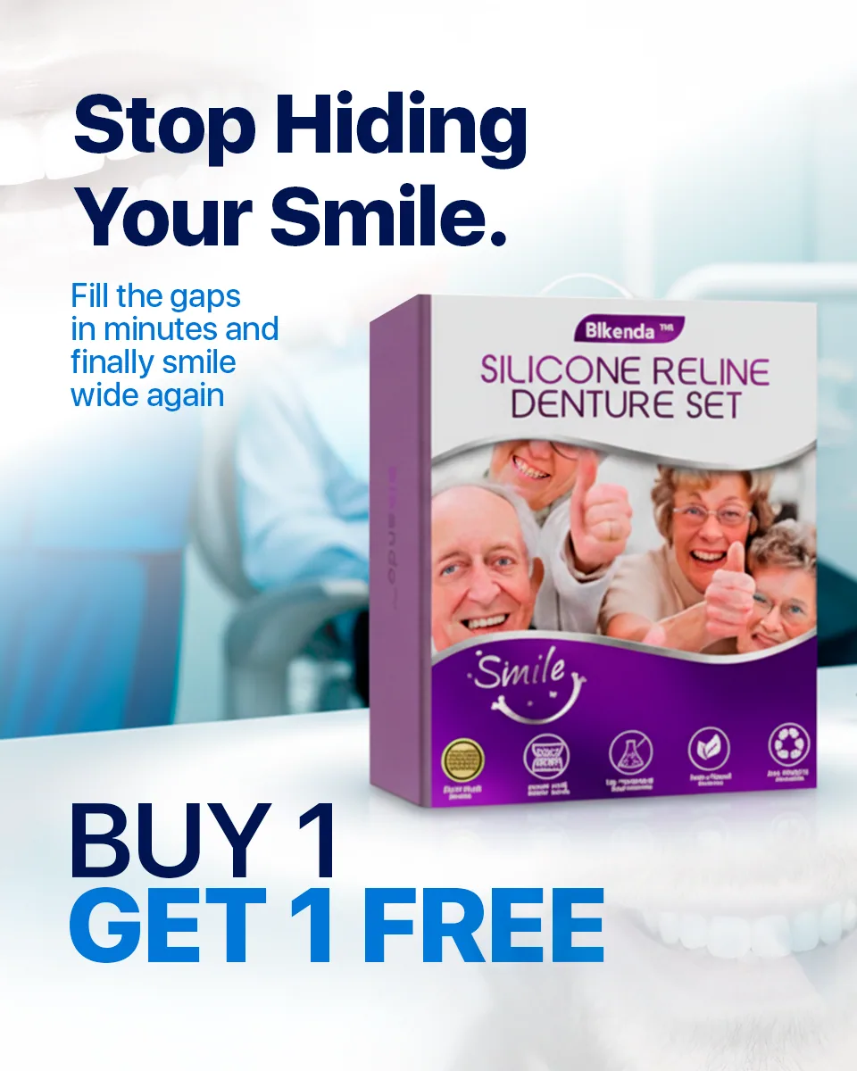 Anuncio de performance del kit de rebase dental de silicona Bkenda (Beauty Diamond): caja violeta sobre una consulta odontológica, titular en inglés 'Stop Hiding Your Smile' y oferta 2x1.