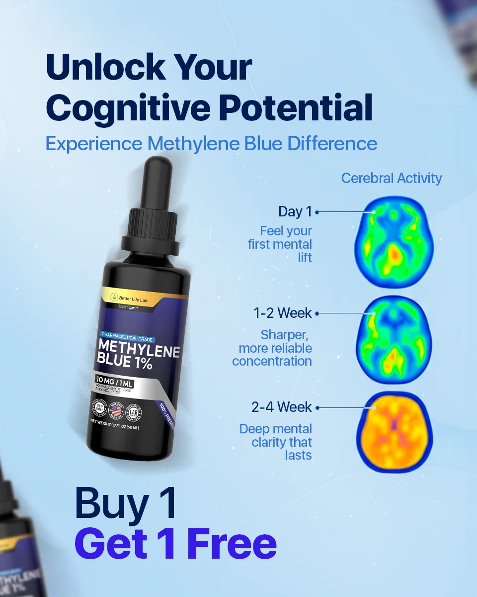 Anuncio de performance de Methylene Blue 1% de Better Life Lab (Beauty Diamond) en inglés: gotero negro junto a una progresión de escaneos de actividad cerebral de día 1 a 4 semanas, titular 'Unlock Your Cognitive Potential'.