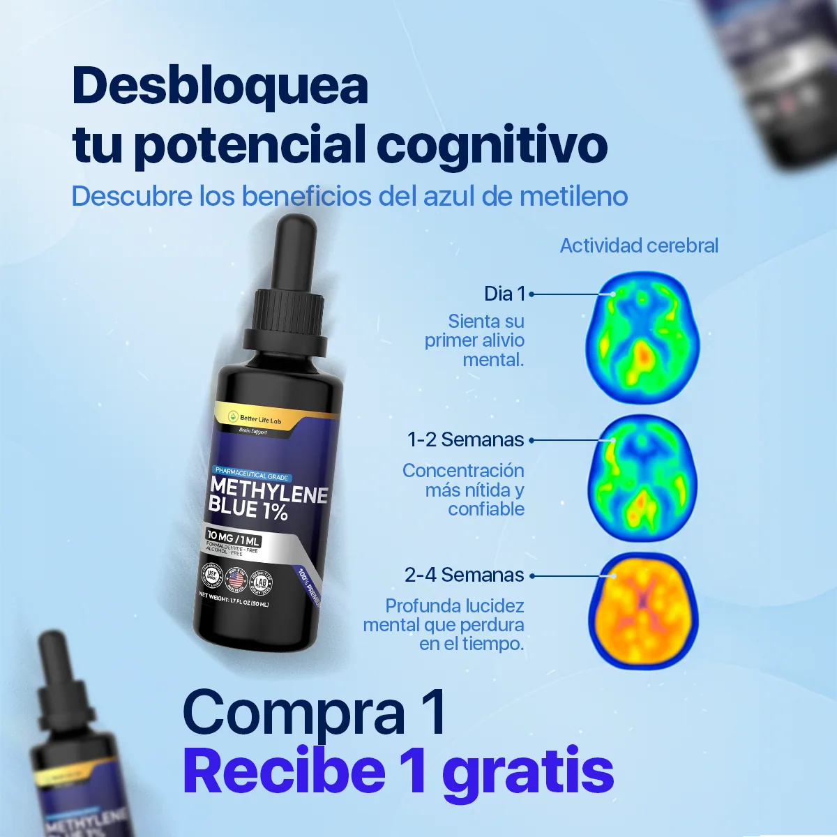 Creativo de e-commerce de Methylene Blue en español, con gotero y progresión de actividad cerebral.