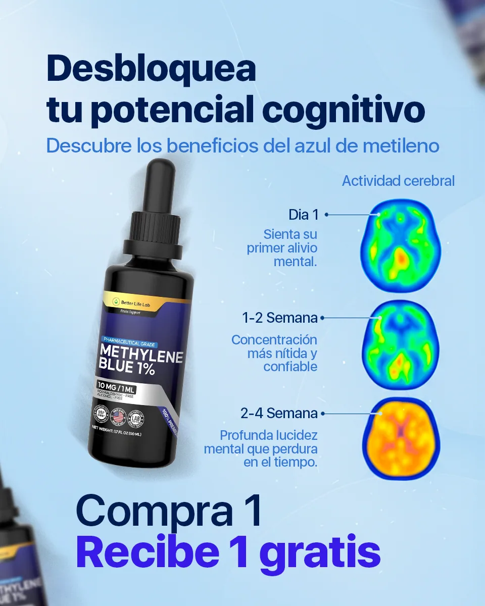 El mismo anuncio de Methylene Blue versionado al español: titular 'Desbloquea tu potencial cognitivo' y la progresión de actividad cerebral de día 1 a 4 semanas.