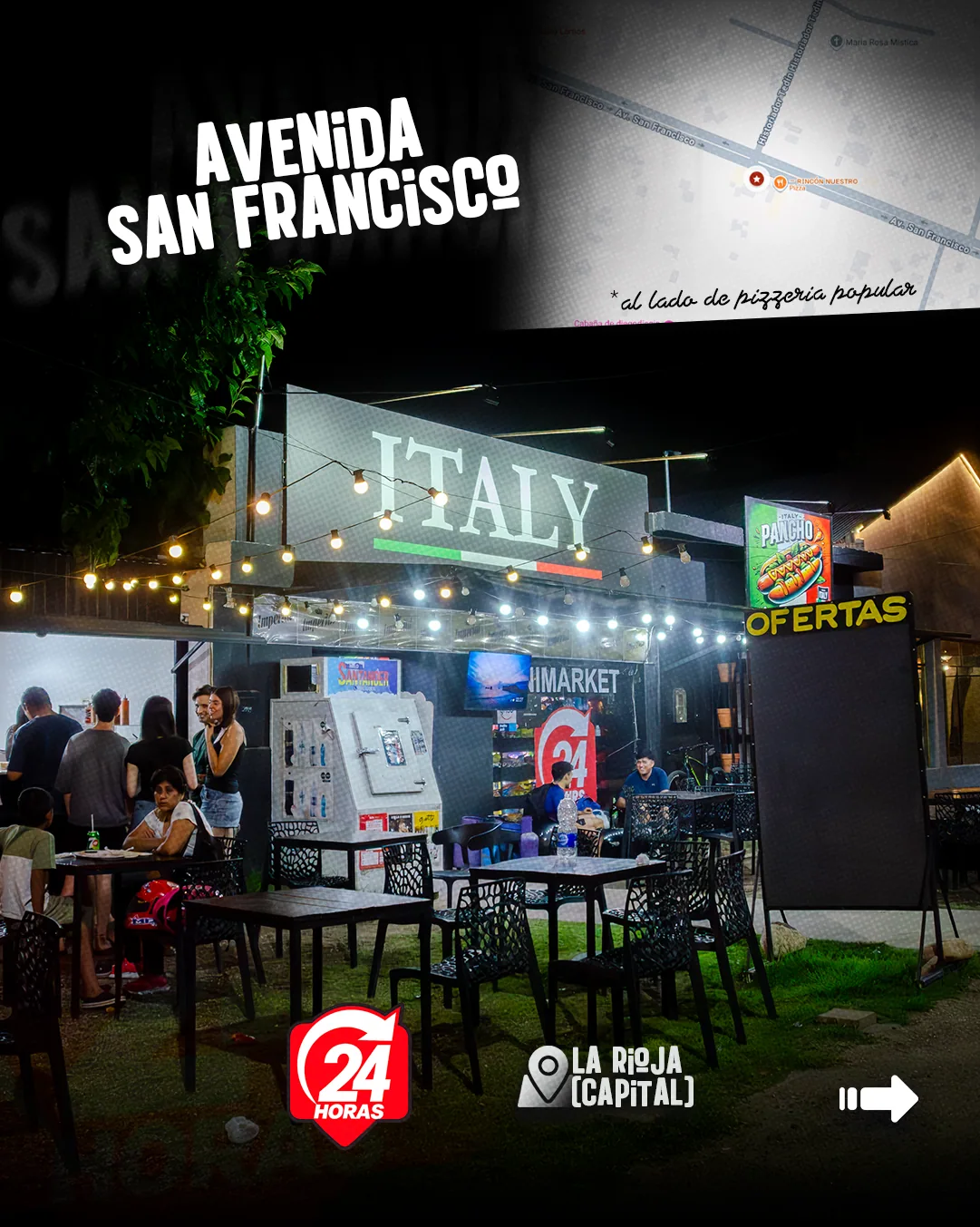 Sucursal de Italy Minimarket de noche en Avenida San Francisco, con mesas ocupadas en la vereda.