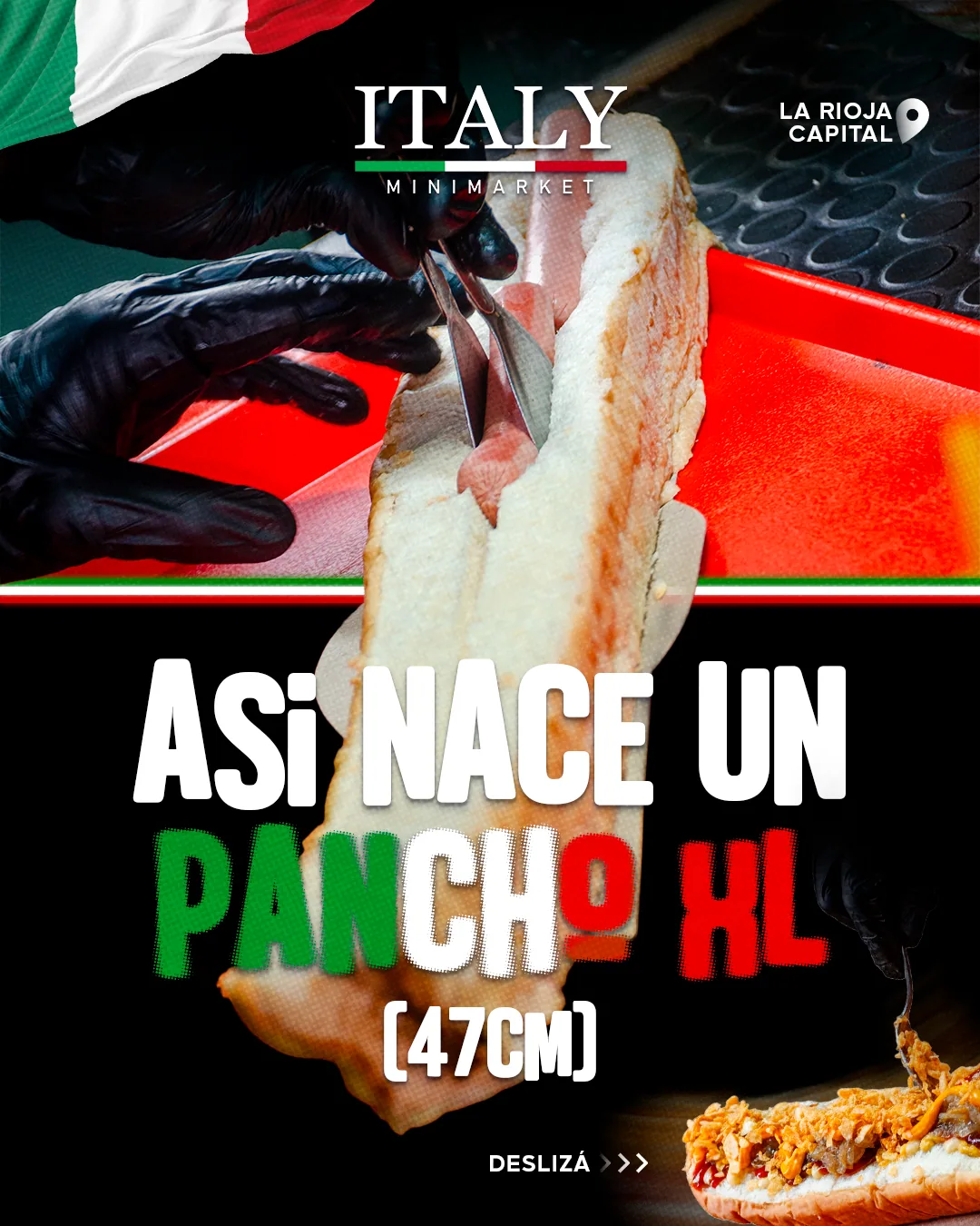 Pieza de Italy Minimarket: portada del carrusel 'Así nace un XL', un pancho de 47 cm sobre bandeja roja.