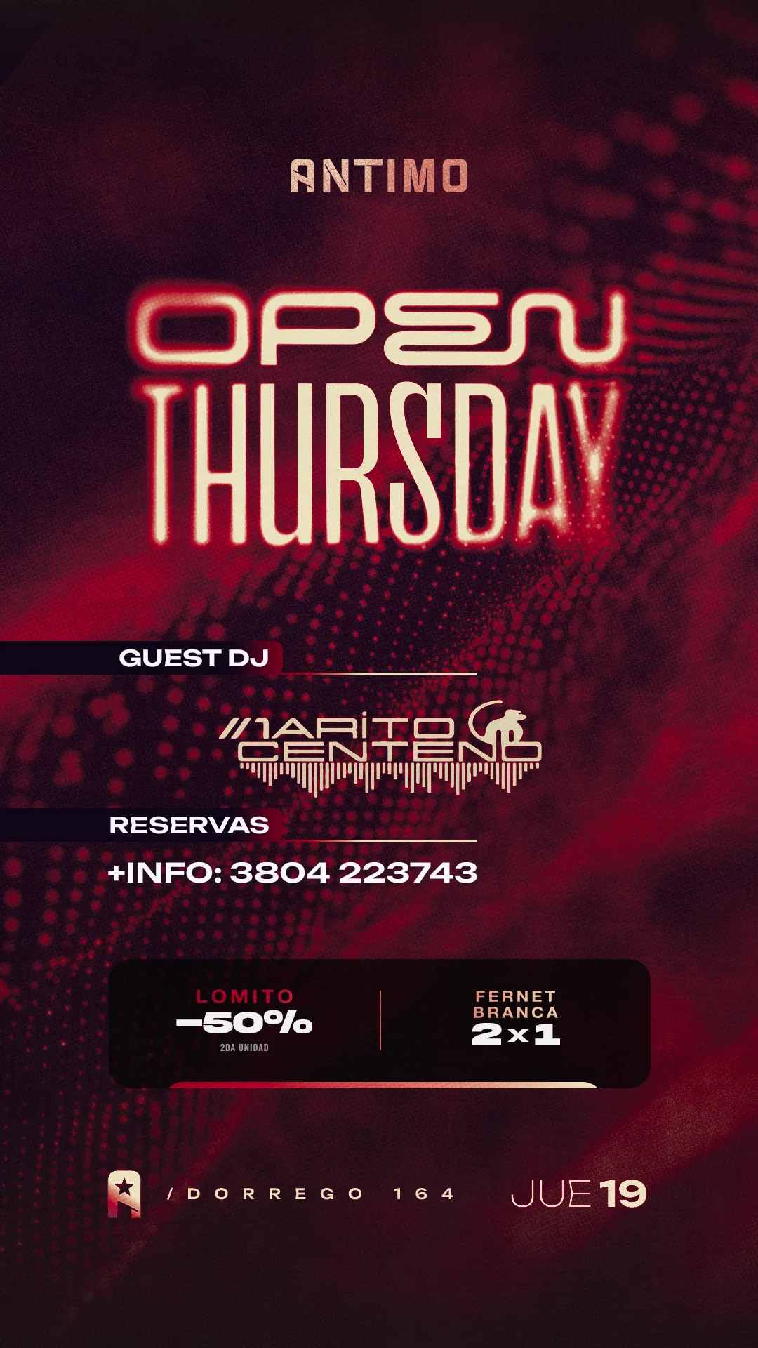 Flyer 'Open Thursday' de Antimo Bar con tipografía cromada.