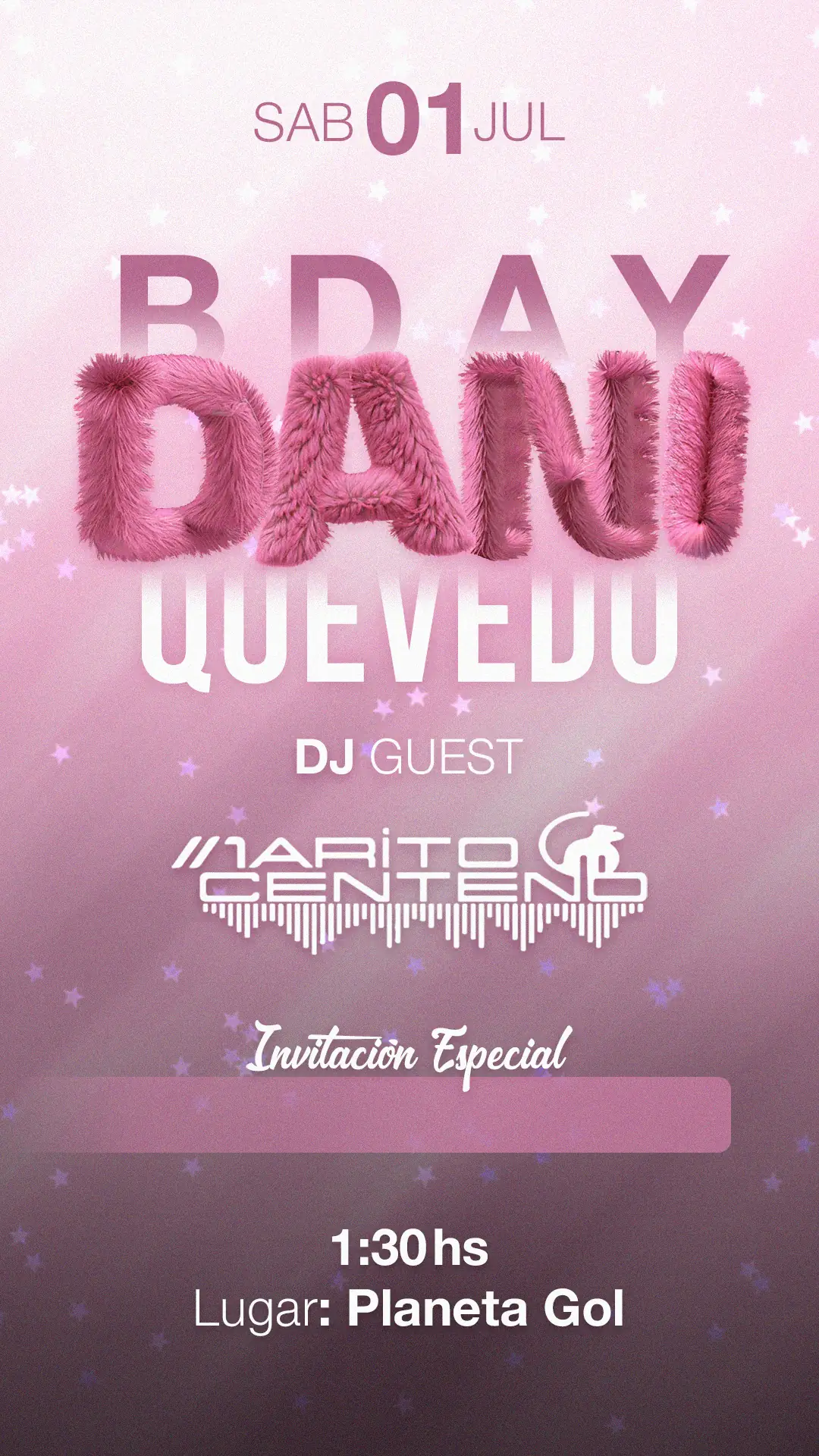 Flyer de cumpleaños con tipografía 3D con textura de pelo.