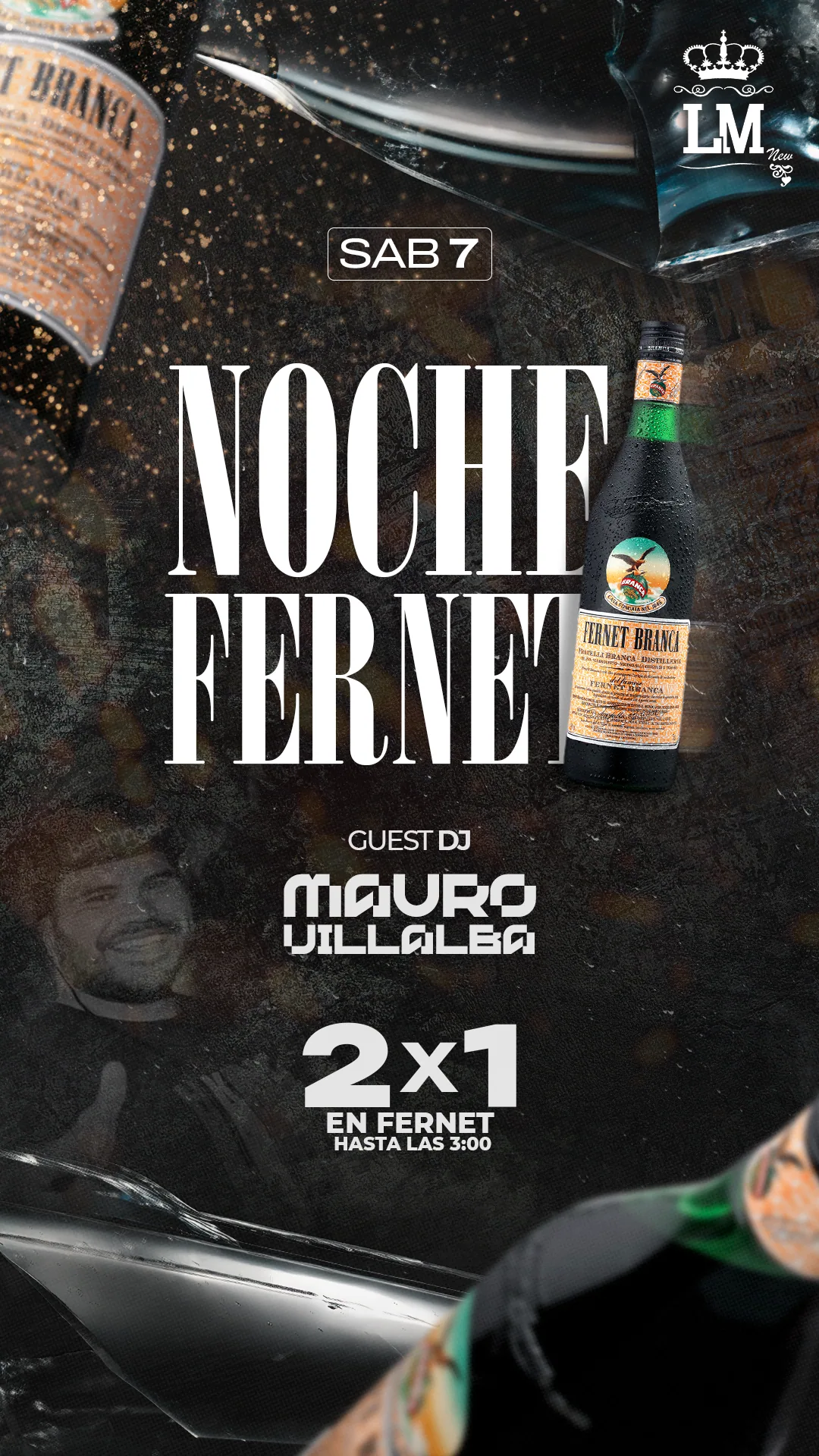 Flyer 'Noche Fernet' de La Morocha New con tipografía serif editorial.
