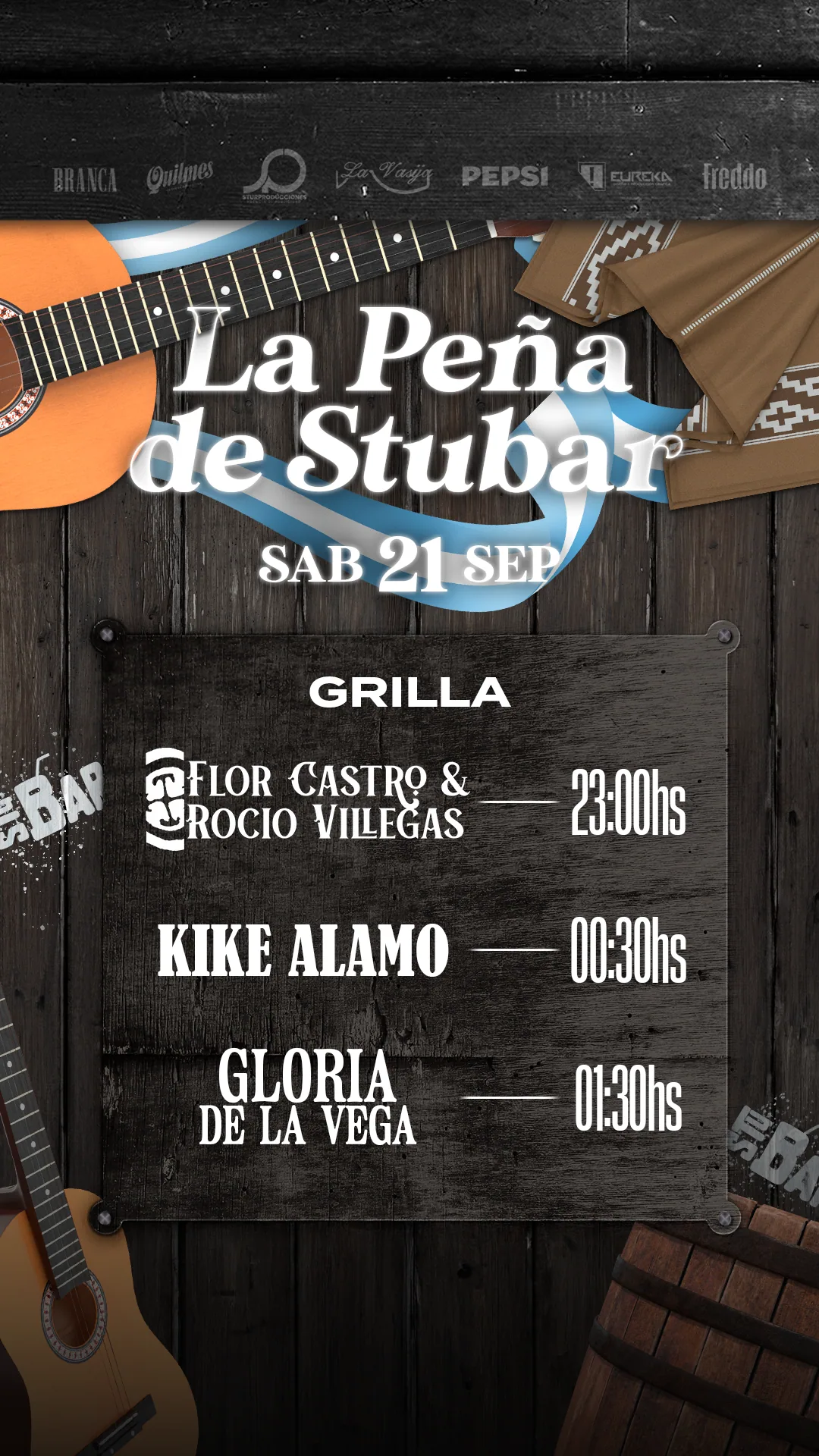 Grilla de artistas de 'La Peña de Stubar' con neón custom.